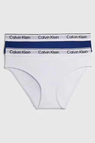 Calvin Klein White and Bold Blue Repeat Logo Cotton Bikini Pants 2 Pack