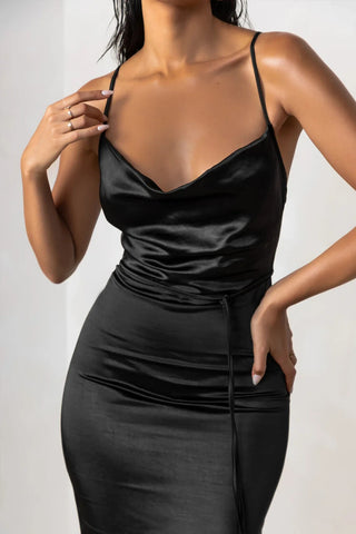 Club L Lifetime Black Satin Cowl Neck Maxi Dress