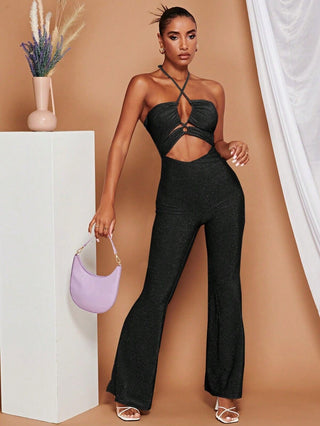 SHEIN BAE Crisscross Tie Backless Cut Out Front Glitter Jumpsuit