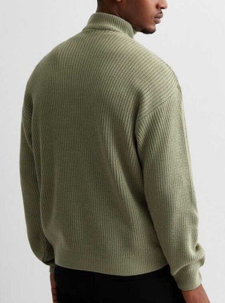 Olive Fisherman Knit Zip Neck Relaxed Fit Jumper