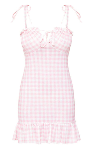 Pretty Little Thing: Pink Gingham Ruched Tie-Bust Frill-Hem Bodycon Dress 8