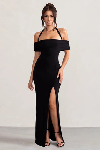 ANISA Black Halter Neck Bardot Maxi Dress