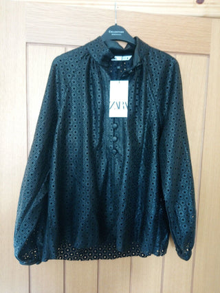 Zara Ladies  Black Faux Leather Cut-out Pattern Blouse