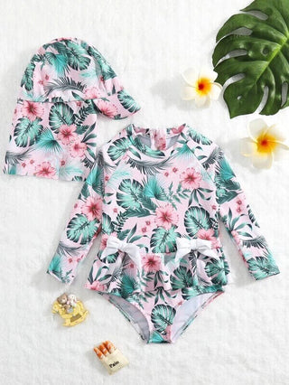 Baby Tropical Print Ruffle Hem Zipper Back One Piece Swimsuit With Swim Cap