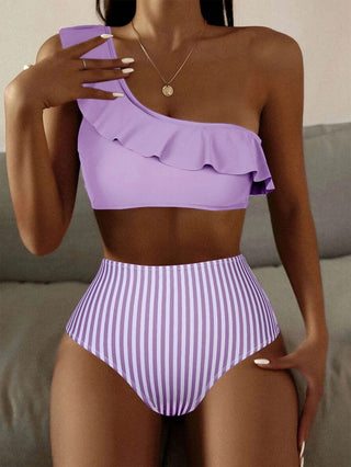 Striped Bikini Set Ruffle Trim One Shoulder