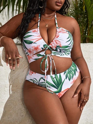 Plus Tropical Print Halter Bikini Swimsuit With Beach Skirt