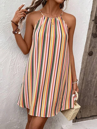 SHEIN VCAY Striped Print Keyhole Back Halter Neckline Dress