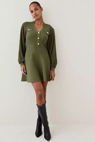 Karen Millen Military Trim Chiffon Sleeve Rib Knitted Mini Dress