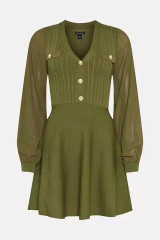 Karen Millen Military Trim Chiffon Sleeve Rib Knitted Mini Dress