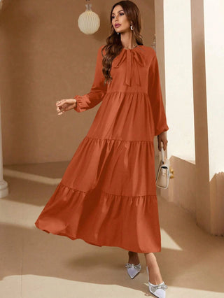 Shein Tie Neck Lantern Sleeve Ruffle Hem Smock Dress