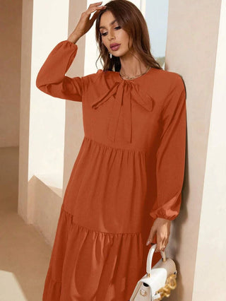 Shein Tie Neck Lantern Sleeve Ruffle Hem Smock Dress