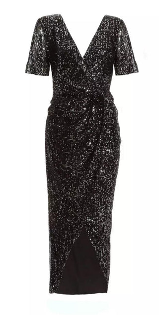 QUIZ Petite Sequin Wrap Maxi Dress - Black Size 12