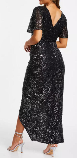 QUIZ Petite Sequin Wrap Maxi Dress - Black Size 12