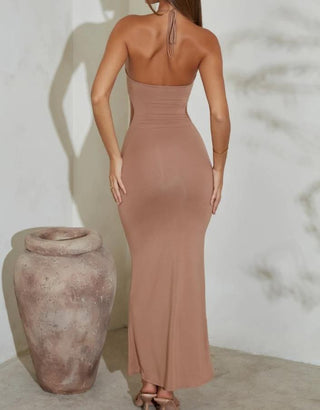 Oh Polly ALIDA Flared Hem Cut Out Maxi Dress - Tan Size 8