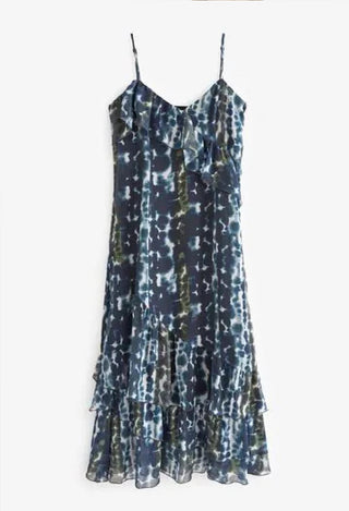 Next Ruffle Frill Maxi Dress Navy Blue Tie-dye uk8