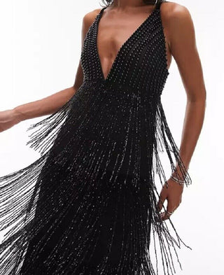 Topshop Premium Strappy embellished Fringe and beaded mix midi dress - Black 16