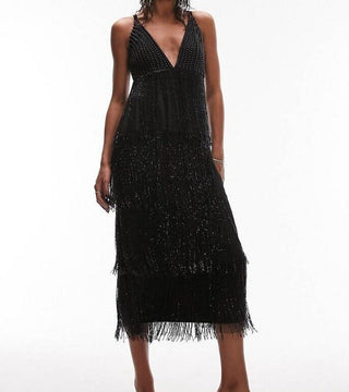 Topshop Premium Strappy embellished Fringe and beaded mix midi dress - Black 16