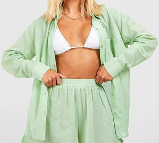 BOOHOO LINEN LOOK SHIRT & SHORTS BEACH CO-ORD - SAGE S