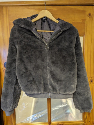 New Look Girls Grey Faux Fur Hooded Jacket ages 14-15