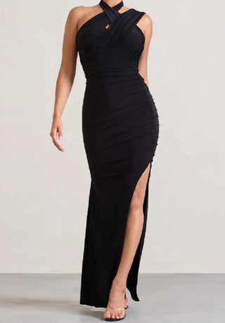 CLUBL IGNITE BLACK STRAPPY HALTER-NECK ASYMMETRIC MAXI DRESS 18