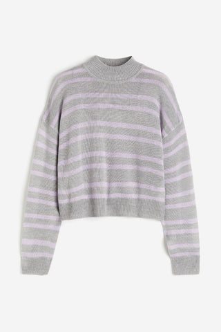 H&M Roundneck Jumper - Grey with Purple Stripes M