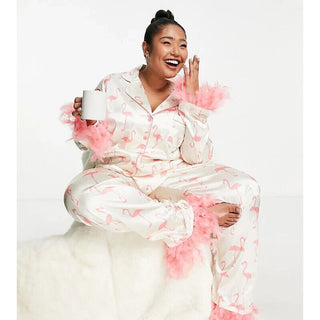 Night Plus satin flamingo faux feather long pyjama set in pink