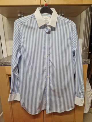 Hawes and Curtis Blue & White Bold Stripe Fitted Slim Shirt - 15.5 in