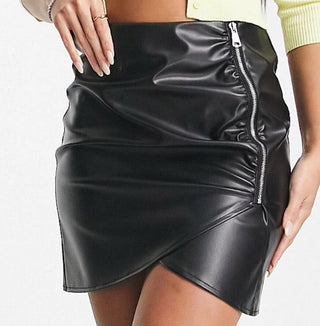 Threadbare Tall Niomi PU Mini Skirt with Ruched zip detail - Black UK 14