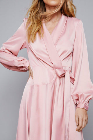 Nasty Gal Satin Long Sleeve Midi Wrap Dress - Pink 8