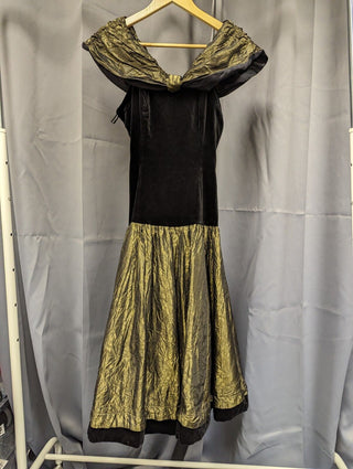 Laura Ashey Black Velvet 80s Dress With Golden Skirt/Collar/Hem UK10