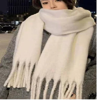 white scarf, winter warm neck, thickened knitted thick fringed shawl