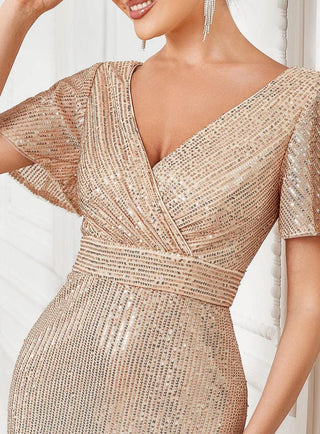 Ever-Pretty Sequin Short Sleeve Pleated Empire Waist Evening Dress - Gold 16