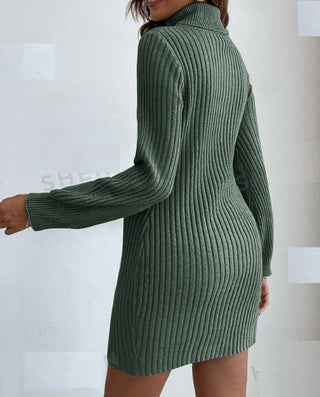 Frenchy Turtleneck Ribbed Knit Jumper Dress Without Belt - Green M