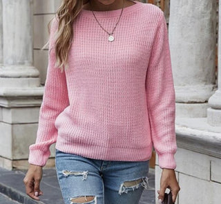 SHEIN LUNE Solid Ribbed Knit Sweater - Pink L