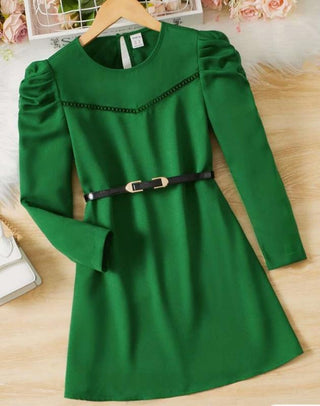 SHEIN Girls Guipure Lace Trim Puff Sleeve Dress Without Belt - Green 8 year