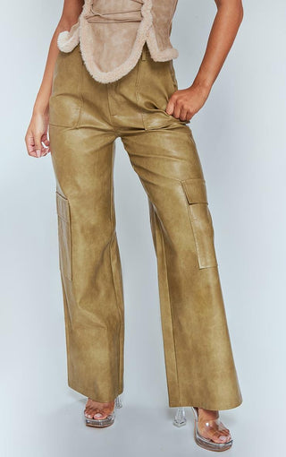 Pretty Little Thing Olive Faux Leather Pocket Wide Leg Trousers  - Size 14