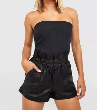 BOOHOO PU COATED DENIM PAPERBAG SHORT SIZE 10 BLACK