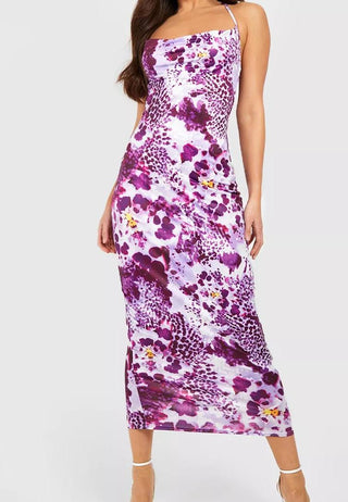 BooHoo Tall Floral Cowl Front Midaxi Dress - Lilac uk 18