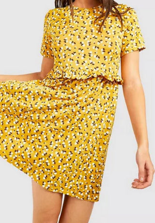 boohoo Ditsy Floral Smock Dress - Mustard - Size 28