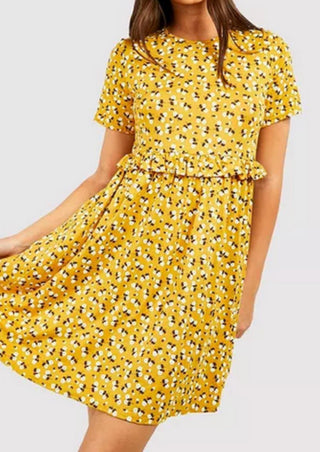 boohoo Ditsy Floral Smock Dress - Mustard - Size 28