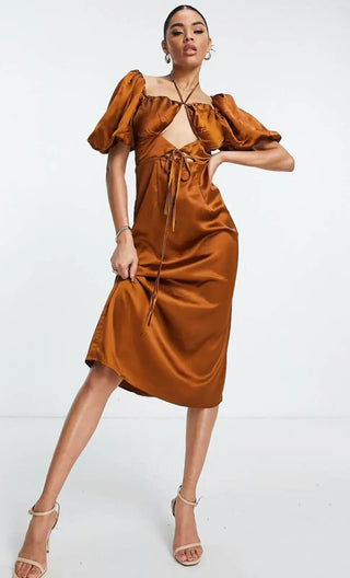 Missguided Tie Front Puff Sleeve Satin Midi Dress in Rust Size 8