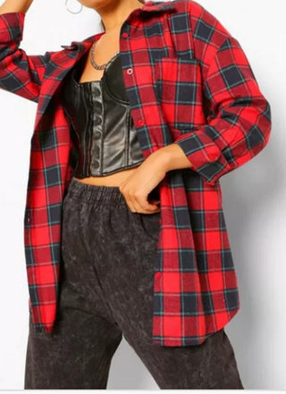 BOOHOO RED OVERSIZED CHECKED SHIRT - UK14