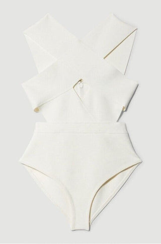 Karen Millen Bandage Textured Cross Front Swimsuit Ivory Size Small