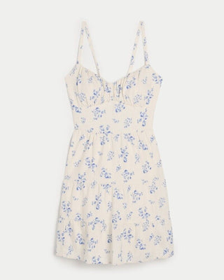 HOLLISTER OPEN BACK LINEN-BLEND CREAM FLORAL MINI DRESS SIZE MEDIUM