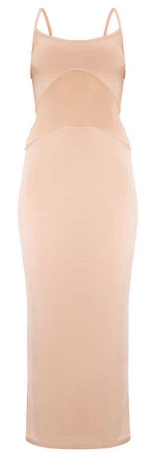 Pretty Little Things Nude Mesh Panel Detail Bodycon Maxi Dress - UK16