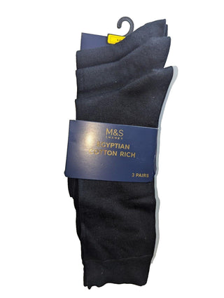 M&S Luxury Egyptian Cotton Rich Black Socks 3 Pairs 6-8 / 39-42