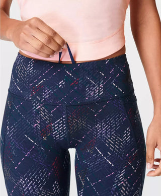 sweaty betty Power 7/8 workout leggings blue deconstructed check print uk small