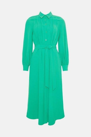 Oasis Crepe Pin-tuck Belted Shirt Dress Green Size 14