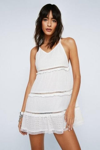 BOOHOO BRODERIE AND LACE MIX CROSS BACK CAMI DRESS WHITE 14