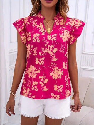 Floral Print Notched Neck Blouse L